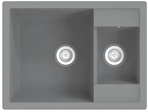 Homgoday Lavello da Cucina Doppio con Foro Troppopieno Grigio in Granito, Mobili per Casa Interno Esterno Soggiorno Camera da Letto