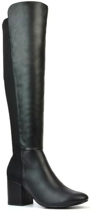 ESSEX GLAM Womens Stretch Over Knee High Boots Ladies Mid Low Block Heel Black Synthetic Leather Shoes Size 5