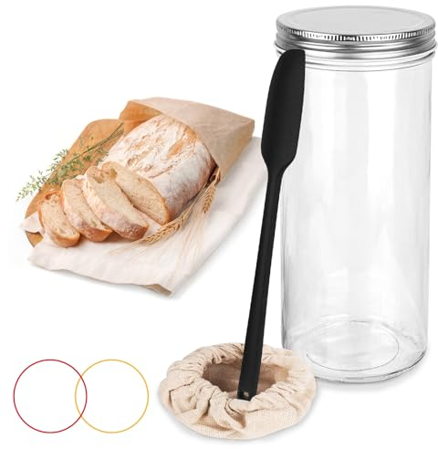 bssmmai Sourdough Starter Jar Kit 1000ml with Thermometer, Feeding Date Band, Scraper, Cloth Cover, Rubber Band and Mouth Aluminium Lid for Sourdough Baking