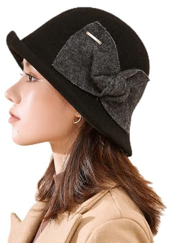 Dunxiles Chapeau Seau en Laine pour Femme Chapeau Melon Cloche Vintage d'hiver avec Noeud Chapeau Fedora en Feutre Chapeau Seau Cloche Écrasable - Ajustable, Casquette en Cuir