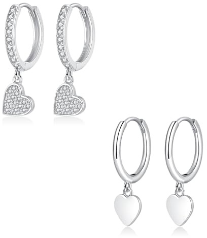 Loutade 925 Sterling Silber Creolen Mit Anhänger - 2 Paare Ohrringe Hängend Mit Herz, Hypoallergene Knorpel Schlafen Ohrhänger für Damen Mädchen