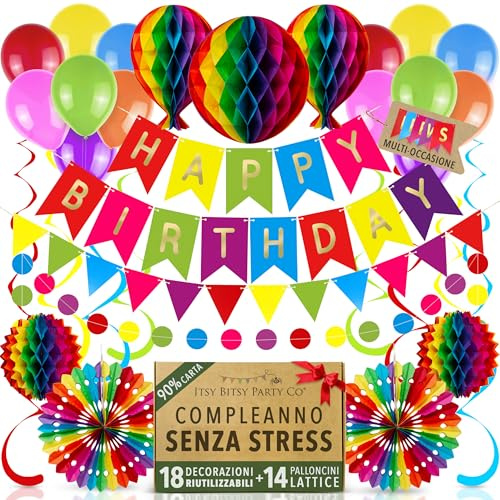 Premium Reusable Birthday Party Decorations - Rainbow Birthday Decoration Set - Balloons, Happy Birthday Banner, Birthday Bunting, Honeycomb Decorations, Swirls (Colourful Rainbow Party Decorations)