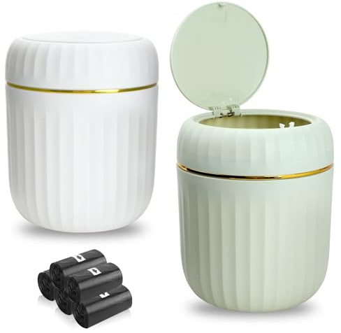 HOSTK 2 Pcs Mini Desktop Trash Can with 5 Rolls of Trash Bags, Waste Can with Press Type Lid, Tiny Countertop Garbage Bin for Bathroom Kitchen Office Home Desk Bedroom Vanity Tabletop