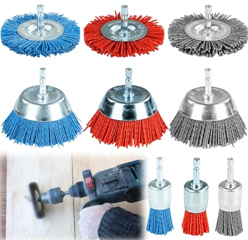 9 Stück Set Nylondraht Topfbürste, Drahtbürsten Nylonbürste mit Sechskant Schaft 1/4“ (6,35 mm), 3 Größen Nylon Bohrbürstenset zur Entfernung Schleifbürstenset von Rost und Korrosion (Blau, 9)