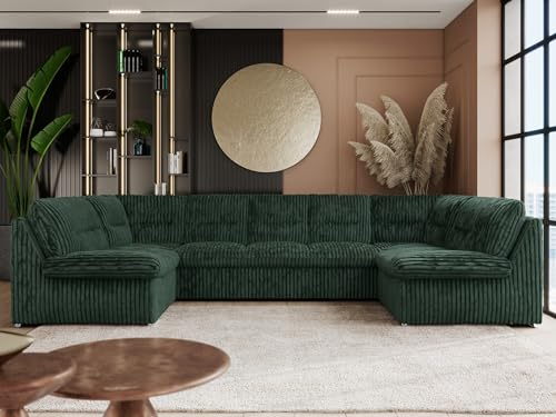 MKS MEBLE Wohnlandschaft COMODO U XXL – Sofa U-Form mit Schlaffunktion & Bettkasten, Schlafsofa mit Stauraum, freistehende Wohnzimmer Couch Ecksofa Polsterecke - Grün Cord | inkl. T25 Topper