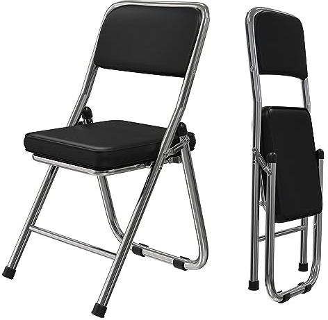 HAMHAIGO 2er Set Klappstuhl Besucherstuhl Bequemer Klappstuhl mit Lederbezug Klappbare Esszimmerstühle sind geeignet für Küche, drinnen, draußen, Konferenzraum Schwarz-A