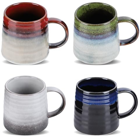 Xnqelerate 4er Vintage Keramik Kaffeetasse, Chinesische Teetasse Großer Becher mit Henkel, Espressotassen Set Ofenveränderte Glasur, Mehrfarbige Teetasse set, 450 ml Porzellan Teetasse