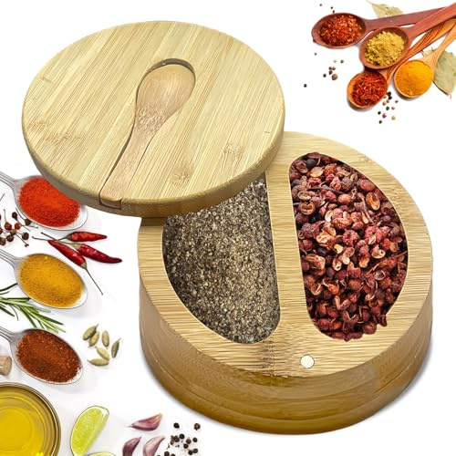 PRITOK Wooden Round Salt Box: Wooden Salt Pot with Magnetic Swivel Lid and Small Spoon, Woode Salt and Pepper Storage Box with 2 Compartments for Kitchen Seasonings, Spices, Herbs
