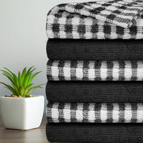 Casabella Lot de 6 torchons de Cuisine en Coton éponge très absorbants très absorbants Noir
