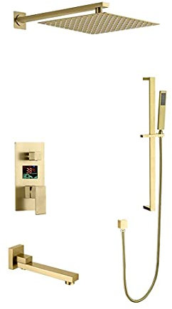 KFTLDYZL Gebürstetes Gold, Wandmontage, Digitalanzeige, LED-Badezimmer-Regenmischer-Duschset mit 10-12 Zoll quadratischem Regenduschkopf und Wannenarmaturen und Duschset mit Gleitstange, 10