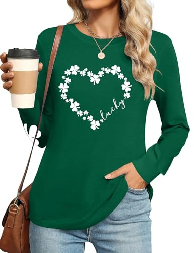 hohololo St. Patrick's Day T-Shirt Lucky Irish Shirt for Women Funny Shamrock Long Sleeve Tops (Green5,L)