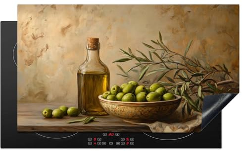 KitchenYeah© Protège Plaque Induction Deco Cuisine Accessoire Pratique | 90x52 cm - Protection De Vitroceramique Kitchen Gadget Olives - Nature Morte - Vintage