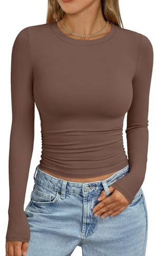 Trendy Queen Womens Long Sleeve Shirts Crop Tops Fall Fashion 2026 Going Out Basic Winter Clothes Coffee S
