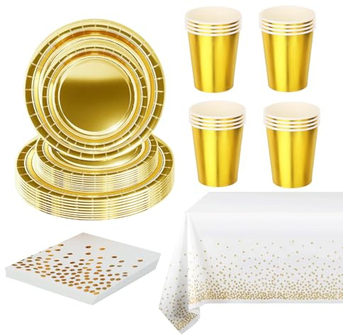 69Pcs Gold Foil Tableware for Christmas,Gold Party Plates Paper Cups and Napkins for Birthday Decoration,Sparkling Golden Dots Tablecloth for Xmas Dinnerware Wedding,Baby Shower Party Tableware