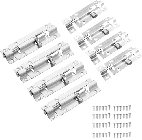 8 Pack Door Latch Sliding Bolt Locks - 3'' and 4'' Stainless Steel Latch with Screwed Small Latch' Locks | for Sheds, Cabinets, Pet Doors Bathrooms and Gardens (Silver)