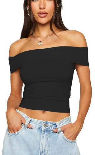 XFSRG Camisetas Manga Corta Mujer Hombros Sexy Verano Parte Superior de Tubo Y2k Classics Crop Top Básica(Negro/S)