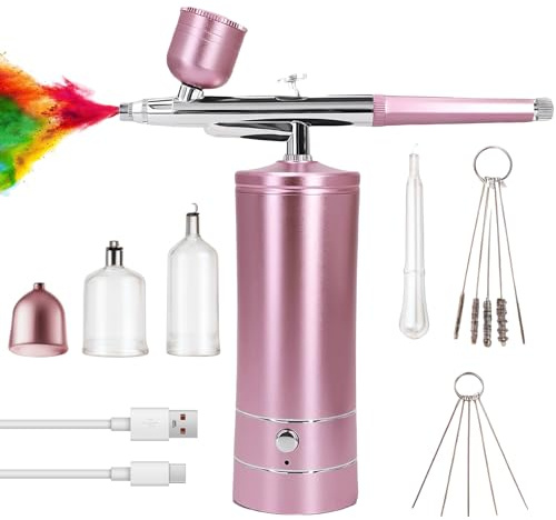 WIYETY Airbrush-set med kompressor: medium rosa midja, bärbar uppladdningsbar luftborste, uppladdningsbar bärbar airbrush-pistol för ansikte, kropp, naglar, rosa