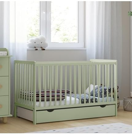 zee Cuna Bebé LUMI 120x60 cm 2 en 1 con Colchón Convertible en Cama Infantil Verde Menta con Cajón y Barandilla Seguridad Madera de Pino Altura Regulable