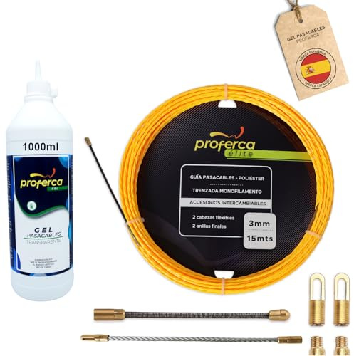 Guia Pasacables Profesional de 3mm y 15 Metros de Poliéster Trenzado + Gel | Para Pasos Estrechos, Pasacables Electrico con Terminales Intercambiables, Gel Incluido, Accesorios de Repuesto