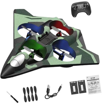MotiveTech RC Plane Outdoor Flying Toy with Light Party Favor Lightweight Helicopter Fighter Model for Teens Adults Kids Boys Gifts, Green Double Battery