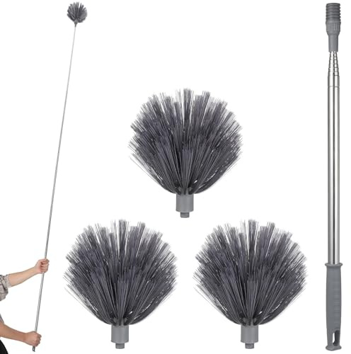 ERINGOGO Plumero Extensible para Telarañas con 3 Cabezales Desmontables, Poste Ajustable para Techos Altos, Limpieza Interior y Exterior, Plumero de Largo Alcance para Ventiladores