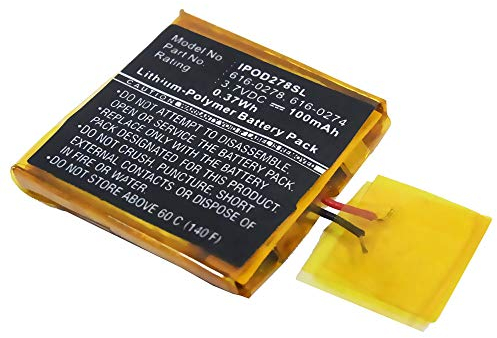 subtel, Batterie pour Lecteur MP3 Compatible avec Apple iPod Shuffle 2 Gen. - A1204 (3.7V, 100mAh)