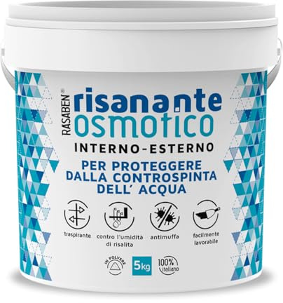 RASABEN -Risanante Osmotico, Stucco in Polvere per Risanamento di Murature Umide e Impermeabilizzare Pareti e Pavimenti, Antimuffa e Traspirante, Uso Esterno e Interno, Made in Italy, Barattolo da 5kg