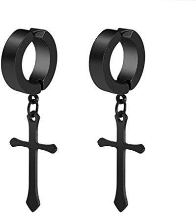 Non-Pierced Clip On Cross Dangle Drop Hoop Hinged Earrings Set for Men Women No Piercing Ear Plug Jewelry for Graduation Easter Christmas