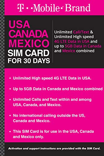 T-Mobile Marque USA, Canada, Mexique Carte SIM de Voyage prépayée Appels/SMS illimités et données 4G LTE Haut débit illimitées aux États-Unis Pendant 30 Jours