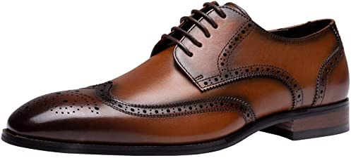 Jousen Men's Dress Shoes Leather Mens Oxfords Business Wingtip Formal Oxford Brogue Retro Derby Dress Shoes for Men(AMY9021A Yellow Brown 10.5)