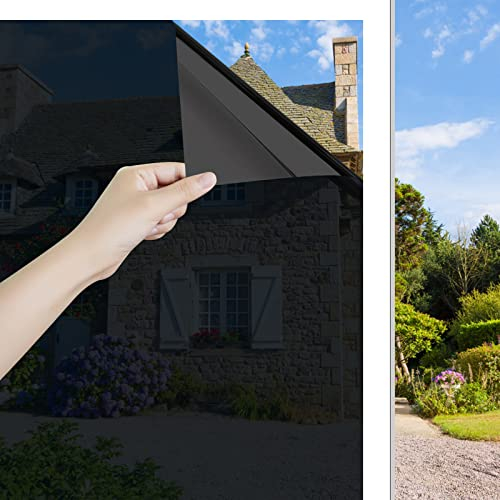 Ohmywor Lámina para ventana, protección solar, autoadhesiva, protección contra el calor, lámina de espejo de interior transparente de exterior, opaca, anti UV, color negro, 90x200 cm
