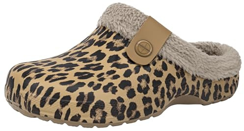 ChayChax Donna Uomo Invernali Zoccoli Sabot Imbottiti Calde Morbide Pantofole Casa Esterno in Comode Peluche Inverno Impermeabile Scarpe da Giardino, Leopardo, 40/41 EU
