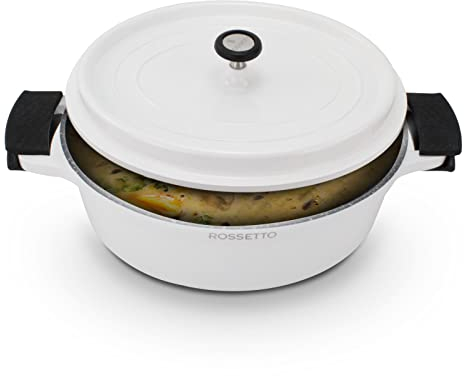 ACTIV CUISINE Cocotte en fonte ovale induction Marmite en fonte 6.5 Litres 31cm Fonte d'Aluminium, Revêtement Anti-adhésif Aspect Pierre, Avec Couvercle Coussinets en Silicone Amovibles, Blanc