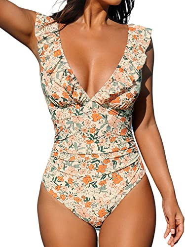Cupshe Maillot une pièce froncé avec col en V à volants pour femme, L