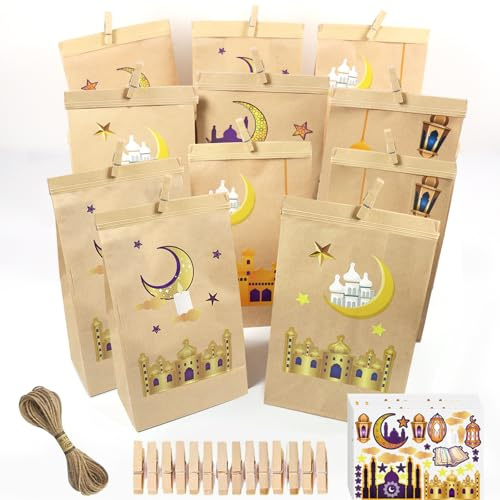 Eid Mubarak Geschenktüten,30 Stück Eid Mubarak Papiertüten Tüten Dekoration,Ramadan Tüten Zum Befüllen,DIY Ramadan Candy Tasche für Islamischen Muslim Eid Party mit 36 Clips,Aufkleber,2mm * 10m Schnur