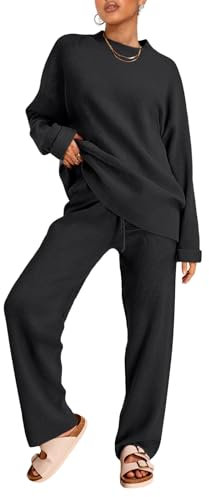 LILLUSORY 2-teiliges Set für Damen 2025, zweiteilige Lounge-Sets, Herbstmode, übergroße gestreifte Strickpullover, Outfits, Schwarz, M