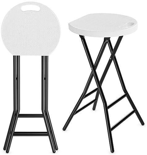 5Rcom Folding Stool, 2 Pack 24 inch Bar Stools with Handle, Metal and Plastic Foldable Stool for Adults Portable, Collapsible Round Folding Bar Stool Chair for Home Kitchen, 550lbs Capacity, White