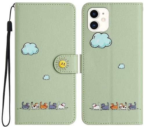 Tivenfezk Nadoli Niedlich Katze Wolke Hülle für iPhone 12 Mini,PU Leder Handyhülle mit Tier Muster Kartenfach Magnet Klappbar Case Schutzhülle Flip Brieftasche Handytasche