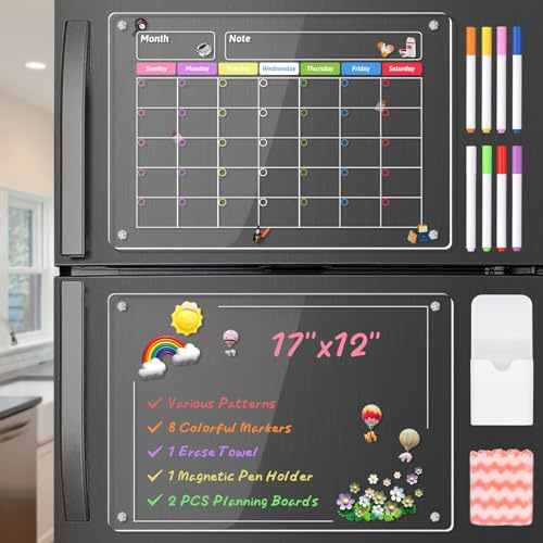 Acrylic Magnetic Calendar for Fridge with Various Patterns, Dry Erase Fridge Calendar with 8 Colorful Markers, Magnetic Pen Holder and Erase Towel, 2 Pack Planning Boards for All Smooth Surfaces