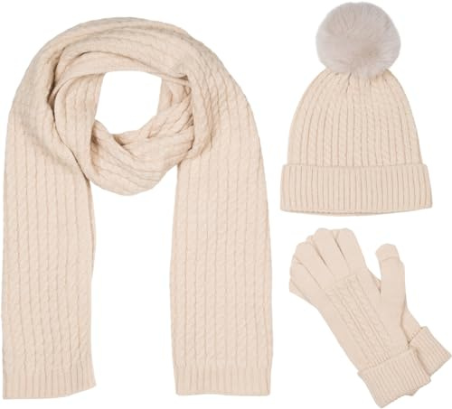 styleBREAKER Damen 3-Teilig Winter Set Schal Mütze Handschuhe | Zopfmuster Strick, 175x28cm Tuch, Kopfbedeckung für 59cm Umfang mit 9cm Fake-Fur Pompon, Handwärmer für 16-21cm Handumfang.