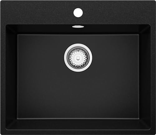 PRIMAGRAN Lavello da Cucina Nero 58x50cm, Lavandino in Granito a 1 vasca + Sifone Classico, Lavabo Incasso al mobile 60cm - Riga S172