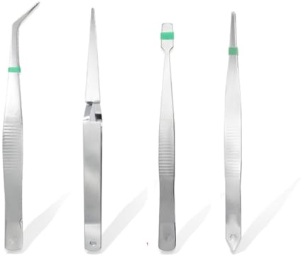 A2ZWORLD Kit de 4 pinzas de precisión multifunción | Punta recta/ancha/45° y punta de acción inversa para laboratorios industriales, joyas, aficiones, artesanías