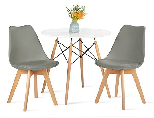 H.J WeDoo Rund Tisch und Stühle Set Esszimmergruppe, Essgruppe Weiß Tisch mit 2 Grau Stühlen für Esszimmer Küche Wohnzimmer