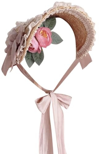 Besforta Lolita-Hut für Mädchen und Frauen, flach, für Teepartys, Sonnenhut, Spitzenschleifen, Blumenbänder, Strohhüte