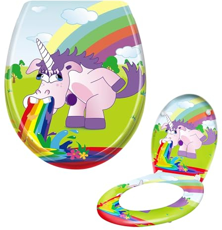 Suusolny WC Sitz Absenkautomatik Toilettendeckel mit Absenkautomatik，Softclose aus Duroplast und Edelstahl Toilettensitz in Universal Größe - Regenbogen Einhorn