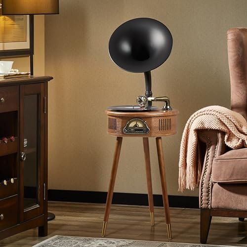 HZLSBL Gramophone Record Player，Italian Style Gramophone Vinyl Record Player with Control/Bluetooth/USB/FM Vintage Record Players Turntables 2 Speed(33/45), Hi-Fi, Classic Tripod Retro Wooden Design