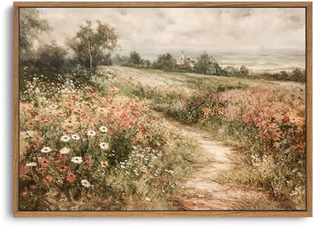 OIQArtOIQ Framed Canvas Wall Art,Vintage Decor,Landscape Nature Country Wildflower Paintings Farmhouse Pictures Modern Artwork Rustic Fall Flower Prints Cottagecore Office Living Room Bedroom Bathroom