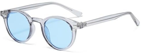 Long Keeper Vintage små runda solglasögon kvinnor män klassisk unisex stil trendiga retro 70-tals glasögon UV400 skydd, Transparent grå blå