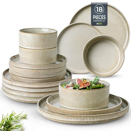 GBhome Stoneware Dinner Sets for 6 People, 18 Pieces Reactive Glaze Handcrafted Plates and Bowls Set, Scratch Resistant Dinnerware Set, Dishwasher & Microwave Safe Crockery Set (Cappuccino, Set of 18)