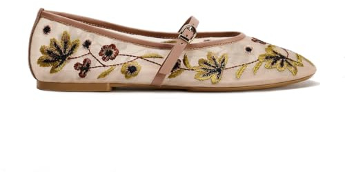 Women's Mesh Flat Mary Janes Embroidered Floral Buckled Strap Flats Casual Comfortable Round Toe Ballerina Shoes Dress Office Shoes for Women Ladies Girls Rose Size 6